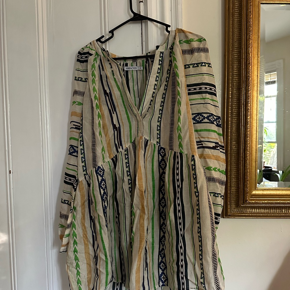 Striped V-Neck Dress with Green and Gold Accents